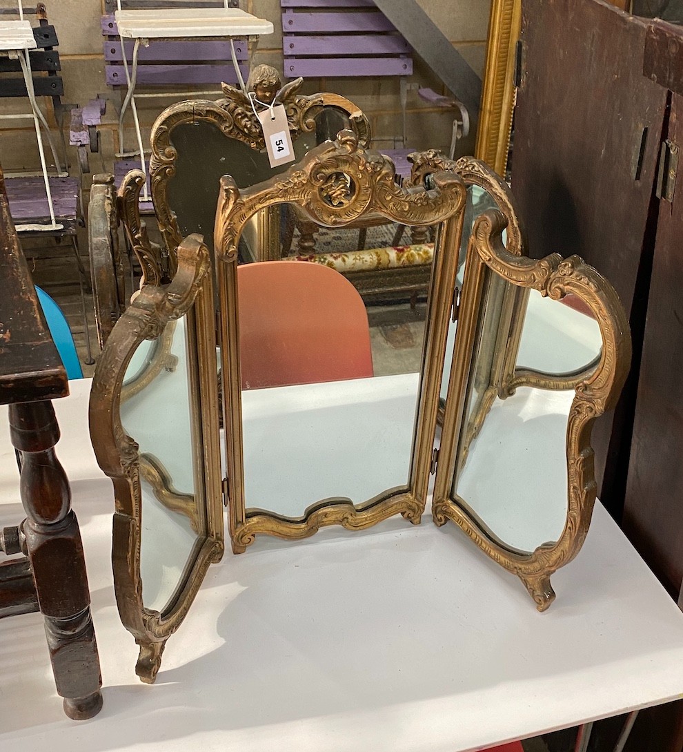 Two gilt composition triple dressing table mirrors, larger height 55cm